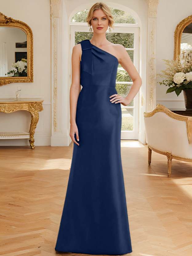 One-Shoulder Sleeveless Satin Mother of the Bride Dress with Bowknot Sheath/Column-27prom