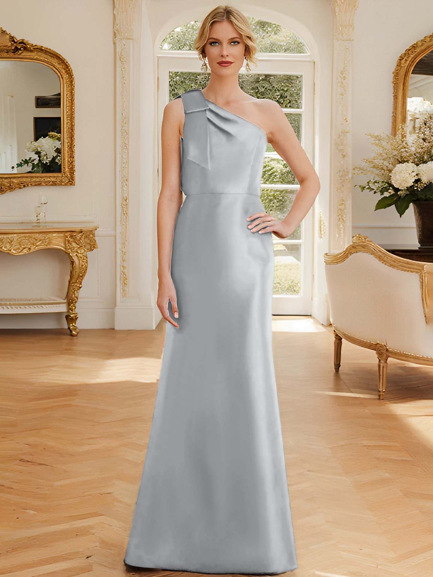 One-Shoulder Sleeveless Satin Mother of the Bride Dress with Bowknot Sheath/Column-27prom