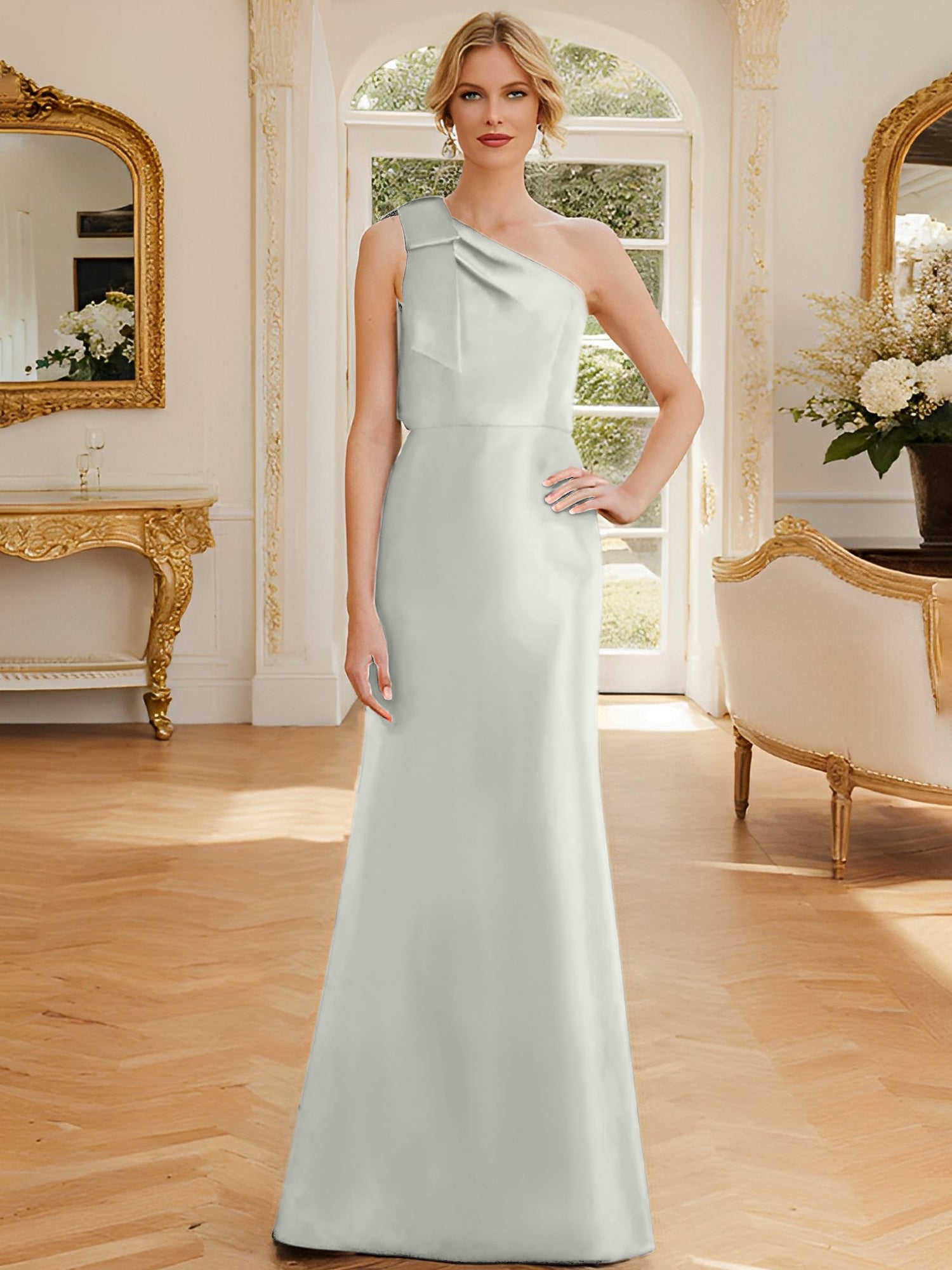 One-Shoulder Sleeveless Satin Mother of the Bride Dress with Bowknot Sheath/Column-27prom