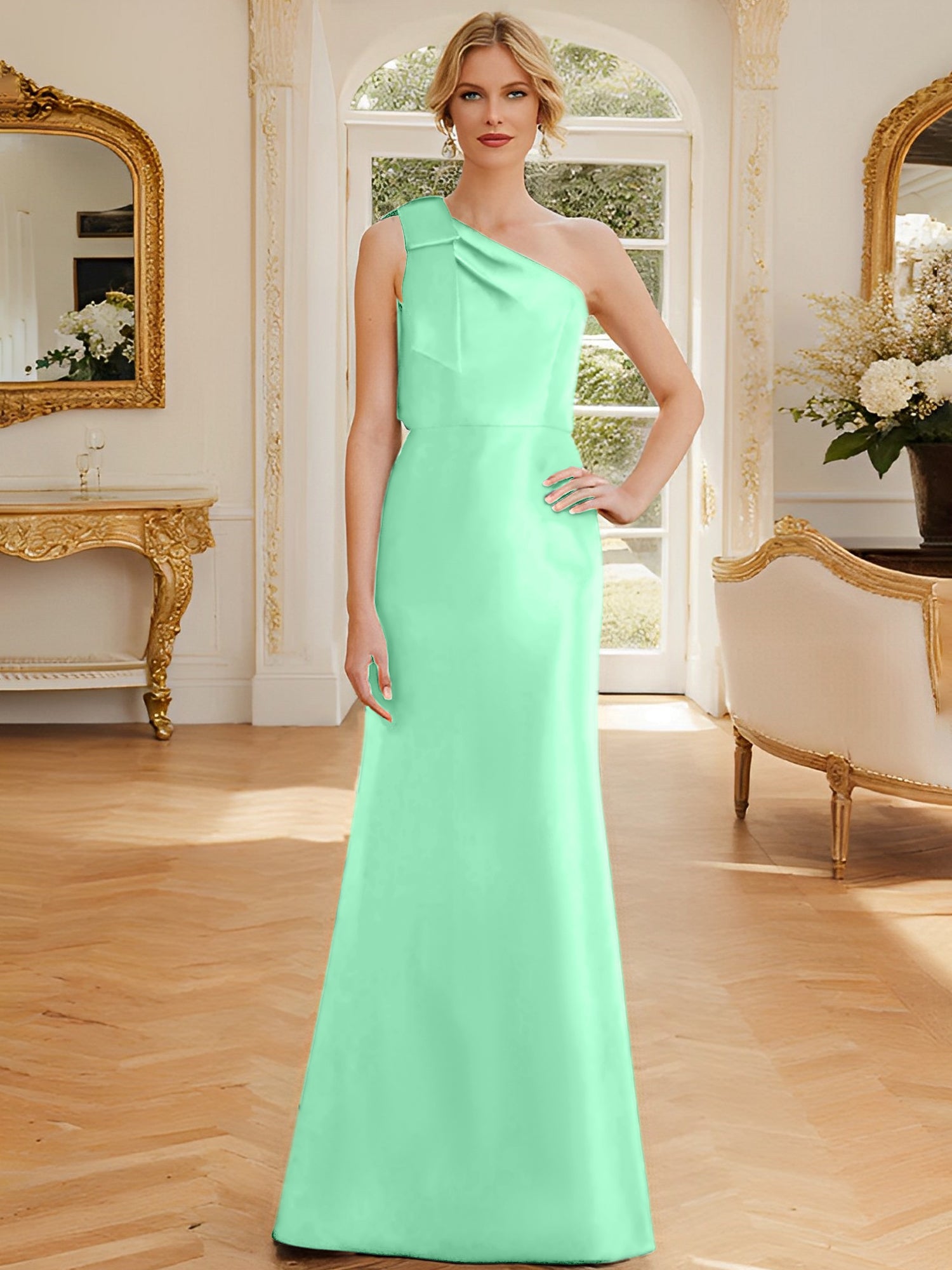 One-Shoulder Sleeveless Satin Mother of the Bride Dress with Bowknot Sheath/Column-27prom