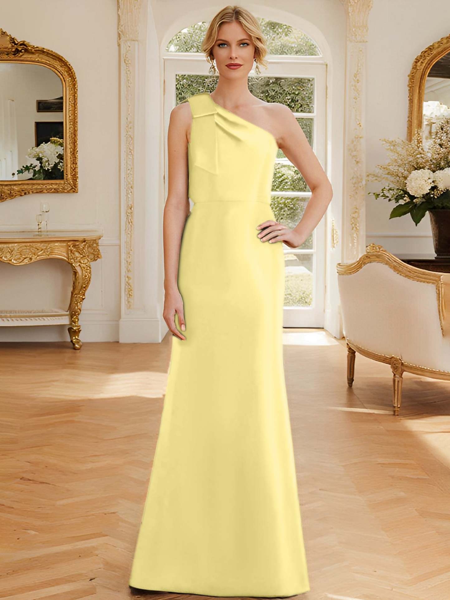 One-Shoulder Sleeveless Satin Mother of the Bride Dress with Bowknot Sheath/Column-27prom