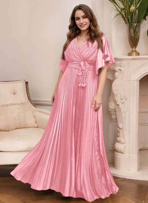 V-Neck A-Line Princess Short Sleeve Mother of the Bride Dress with Belt-27prom