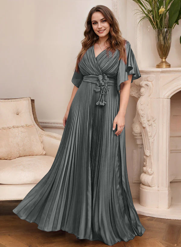 V-Neck A-Line Princess Short Sleeve Mother of the Bride Dress with Belt-27prom