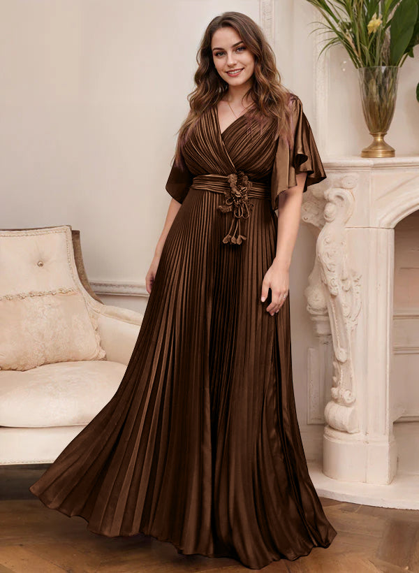 V-Neck A-Line Princess Short Sleeve Mother of the Bride Dress with Belt-27prom