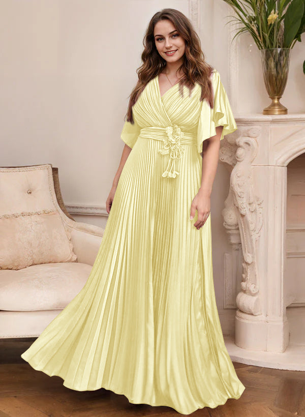 V-Neck A-Line Princess Short Sleeve Mother of the Bride Dress with Belt-27prom