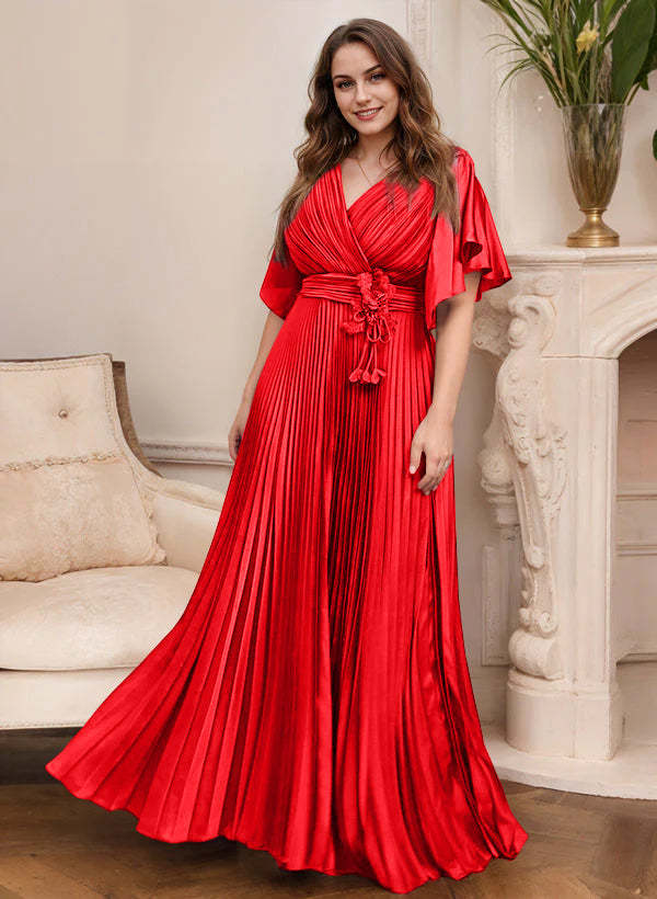 V-Neck A-Line Princess Short Sleeve Mother of the Bride Dress with Belt-27prom