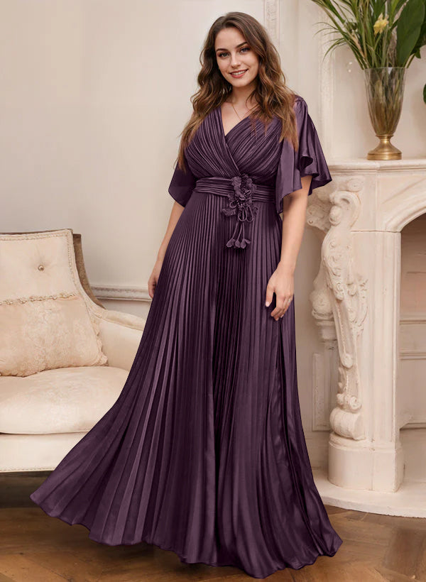 V-Neck A-Line Princess Short Sleeve Mother of the Bride Dress with Belt-27prom