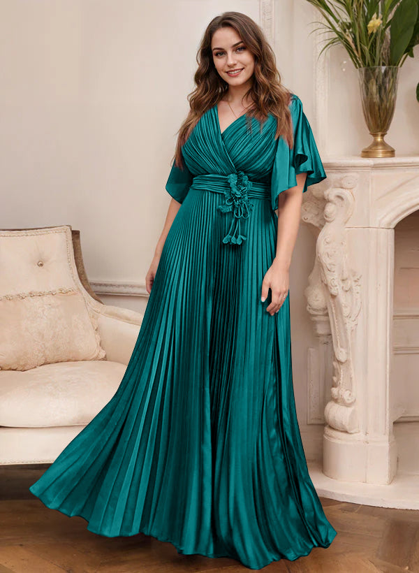 V-Neck A-Line Princess Short Sleeve Mother of the Bride Dress with Belt-27prom