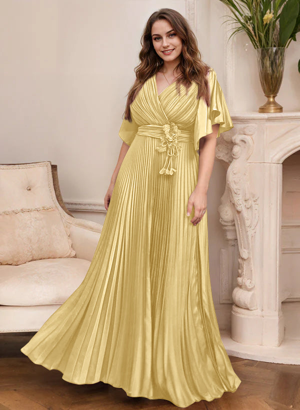 V-Neck A-Line Princess Short Sleeve Mother of the Bride Dress with Belt-27prom