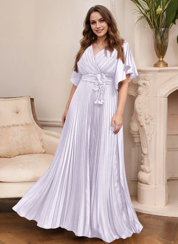 V-Neck A-Line Princess Short Sleeve Mother of the Bride Dress with Belt-27prom