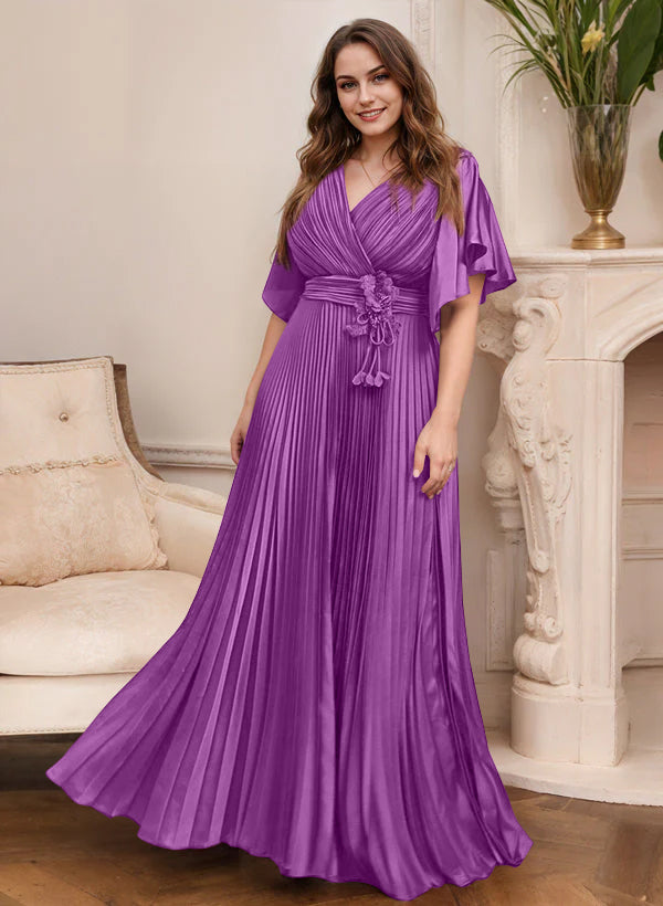 V-Neck A-Line Princess Short Sleeve Mother of the Bride Dress with Belt-27prom