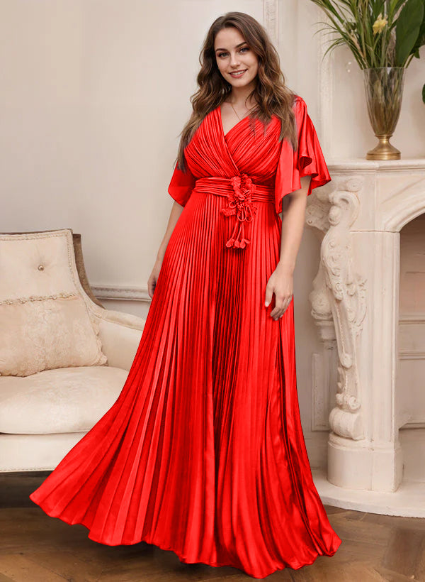 V-Neck A-Line Princess Short Sleeve Mother of the Bride Dress with Belt-27prom