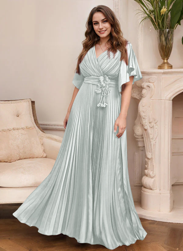 V-Neck A-Line Princess Short Sleeve Mother of the Bride Dress with Belt-27prom