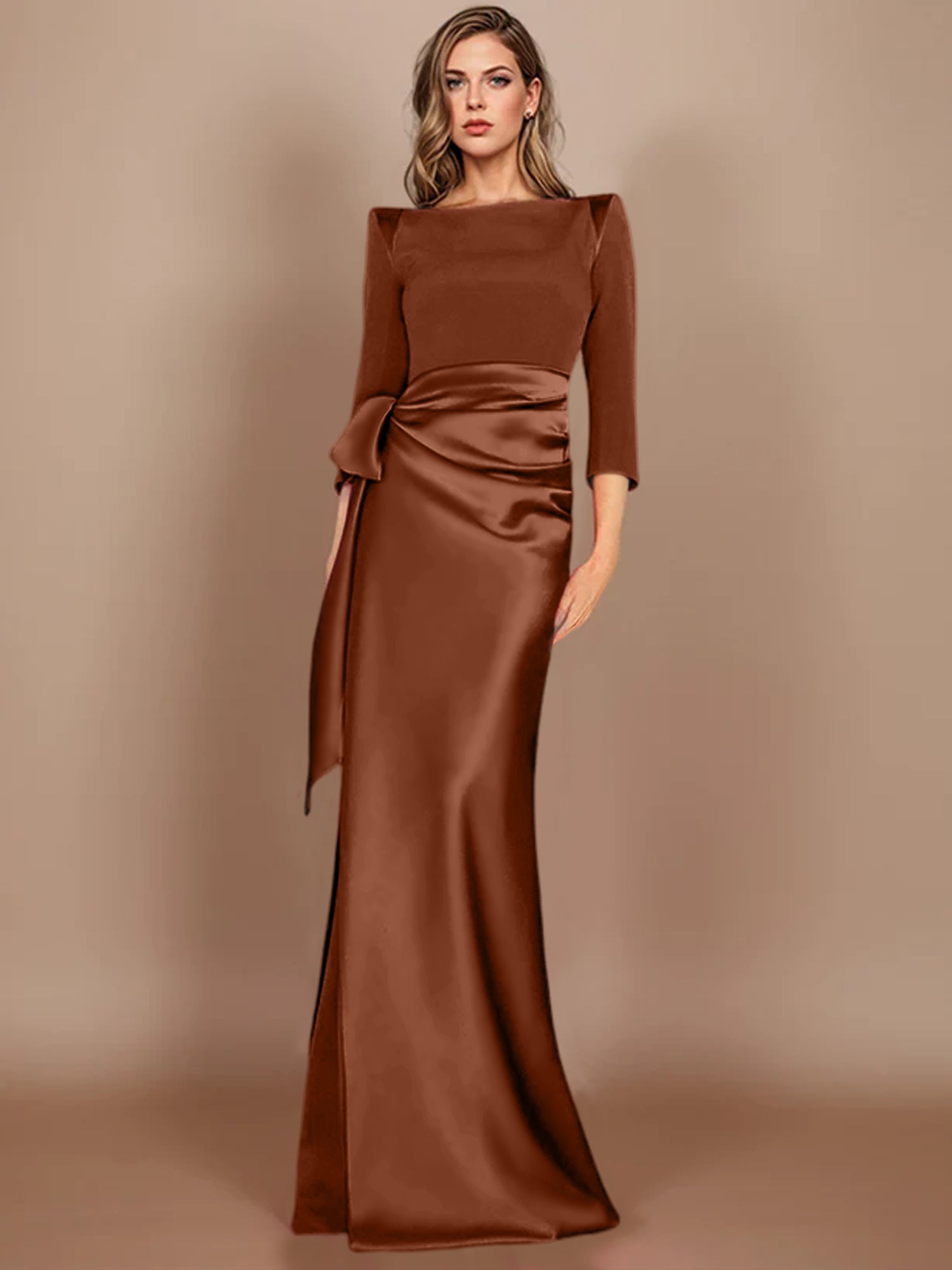 Floor-Length Mother of the Bride Dress with Bow and 3/4 Sleeves in Sheath/Column Style-27prom