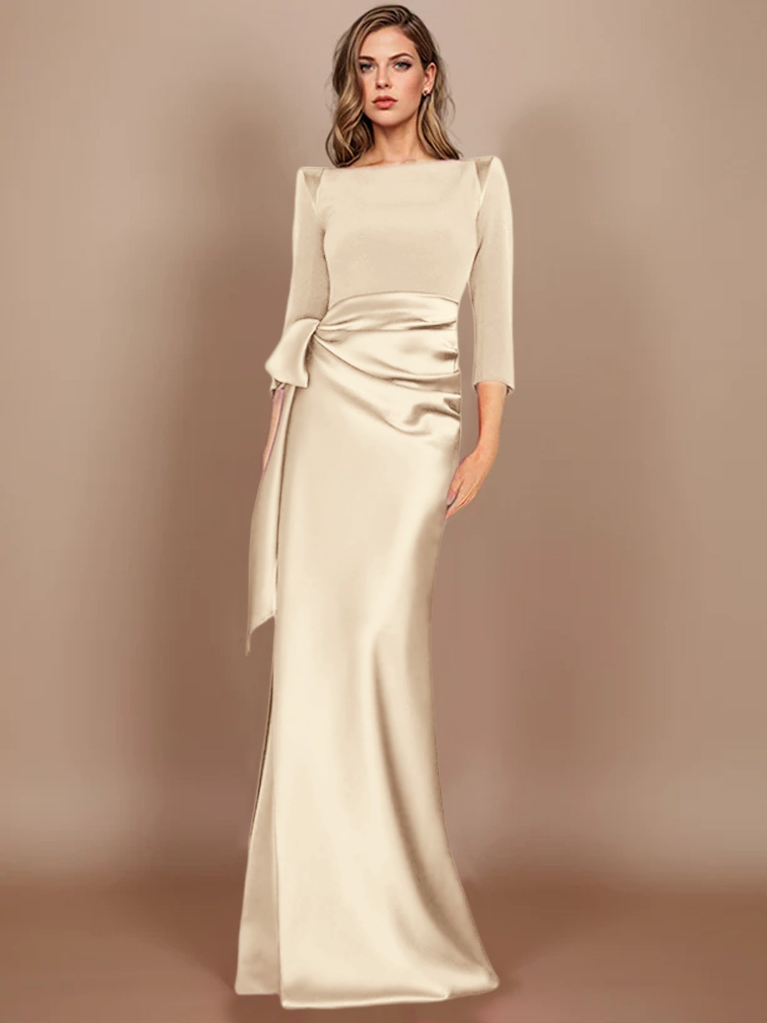 Floor-Length Mother of the Bride Dress with Bow and 3/4 Sleeves in Sheath/Column Style-27prom