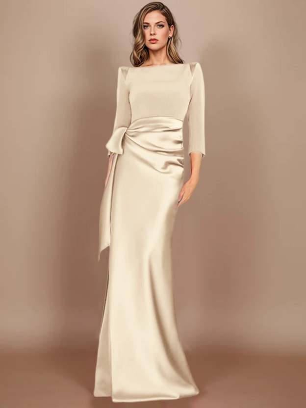 Floor-Length Mother of the Bride Dress with Bow and 3/4 Sleeves in Sheath/Column Style-27prom