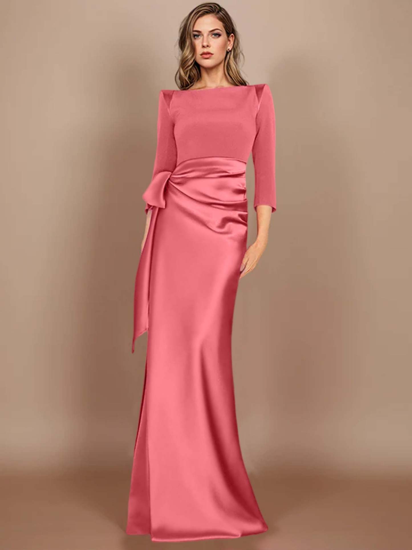 Floor-Length Mother of the Bride Dress with Bow and 3/4 Sleeves in Sheath/Column Style-27prom