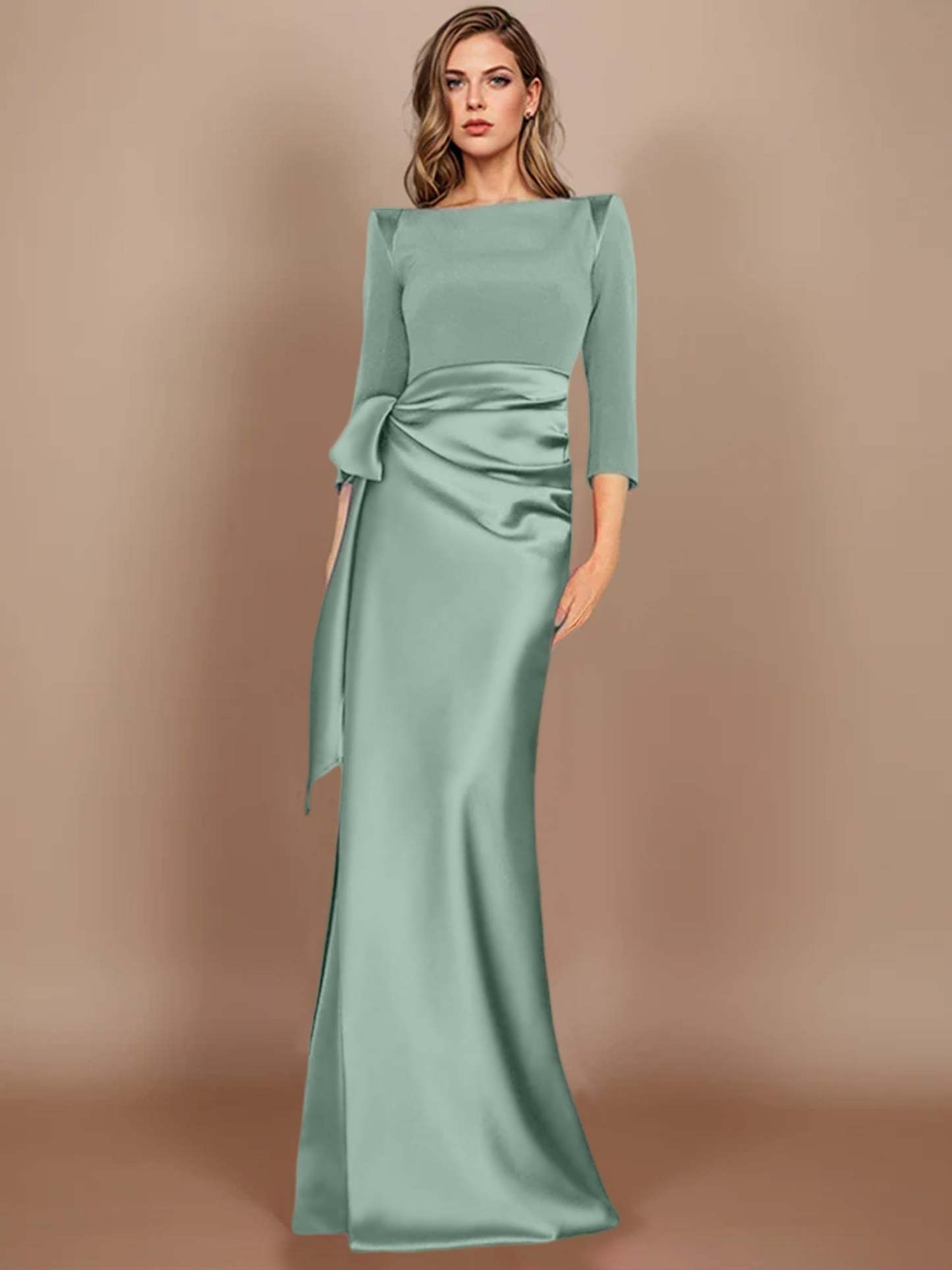 Floor-Length Mother of the Bride Dress with Bow and 3/4 Sleeves in Sheath/Column Style-27prom