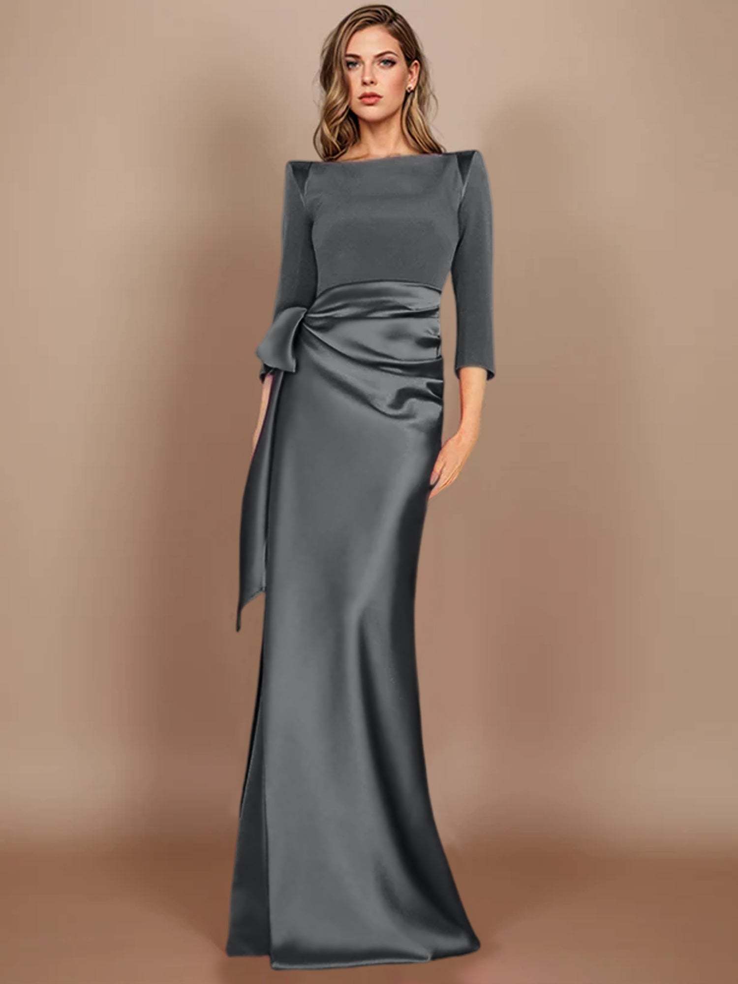Floor-Length Mother of the Bride Dress with Bow and 3/4 Sleeves in Sheath/Column Style-27prom