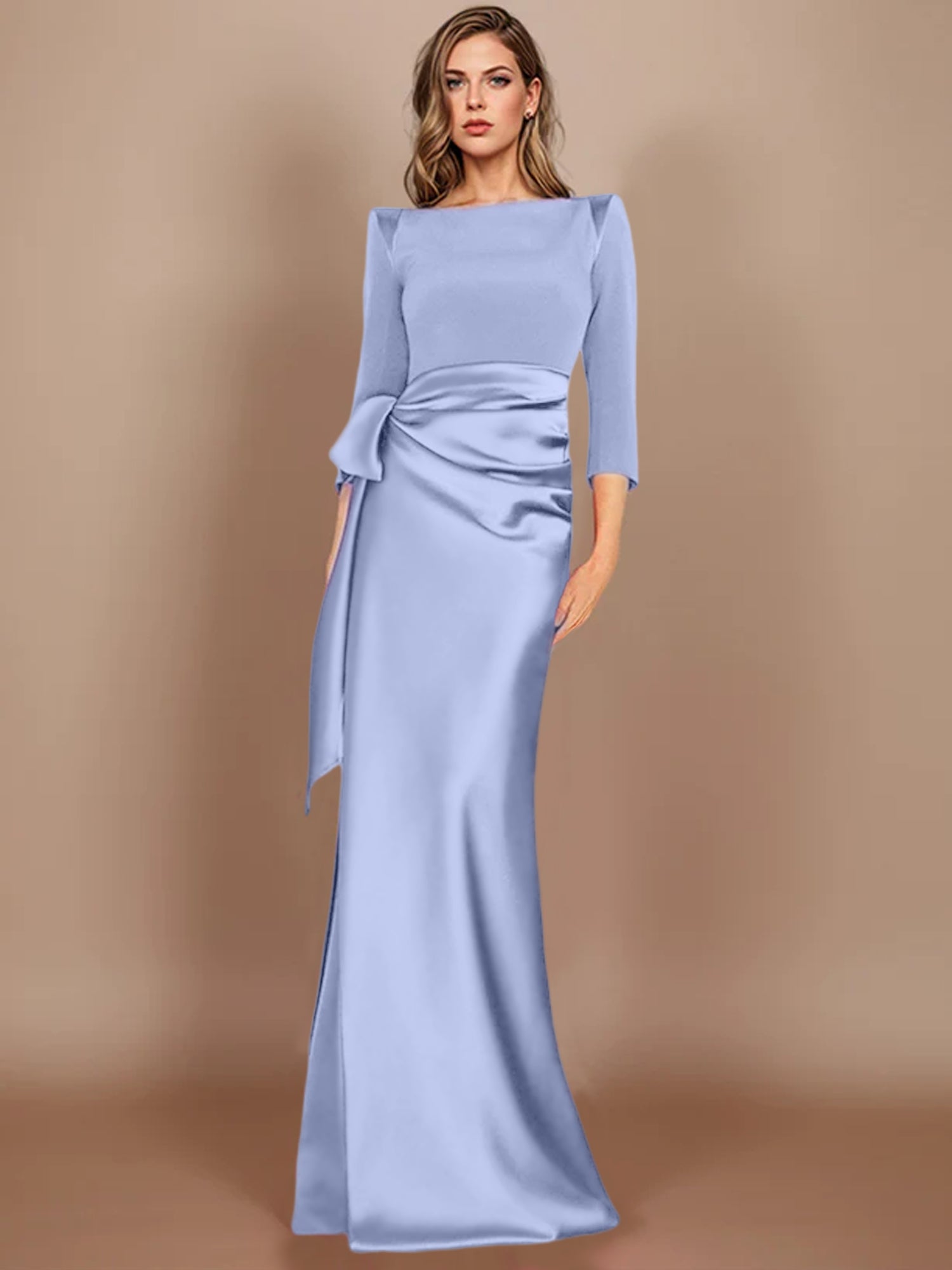 Floor-Length Mother of the Bride Dress with Bow and 3/4 Sleeves in Sheath/Column Style-27prom