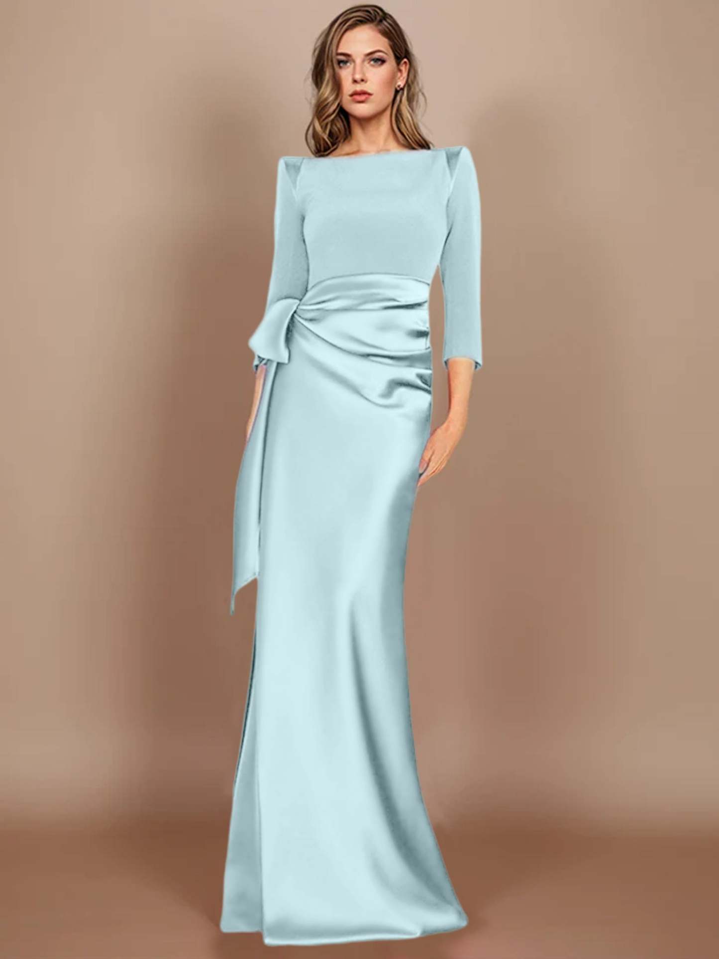 Floor-Length Mother of the Bride Dress with Bow and 3/4 Sleeves in Sheath/Column Style-27prom