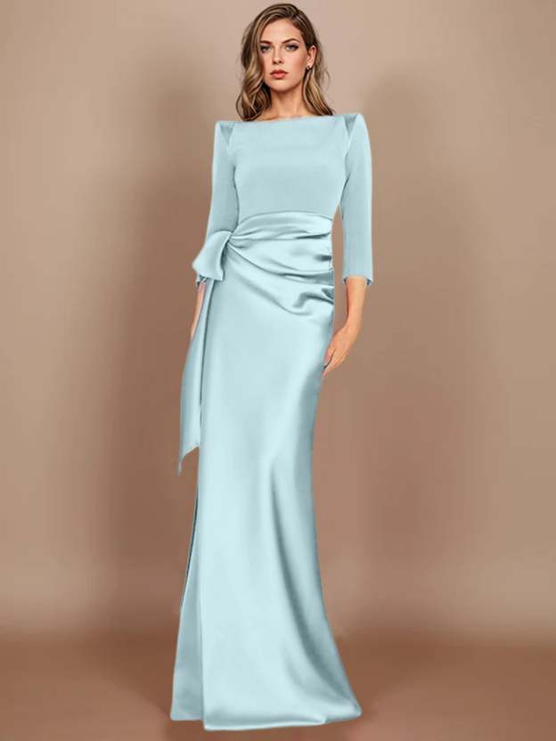 Floor-Length Mother of the Bride Dress with Bow and 3/4 Sleeves in Sheath/Column Style-27prom
