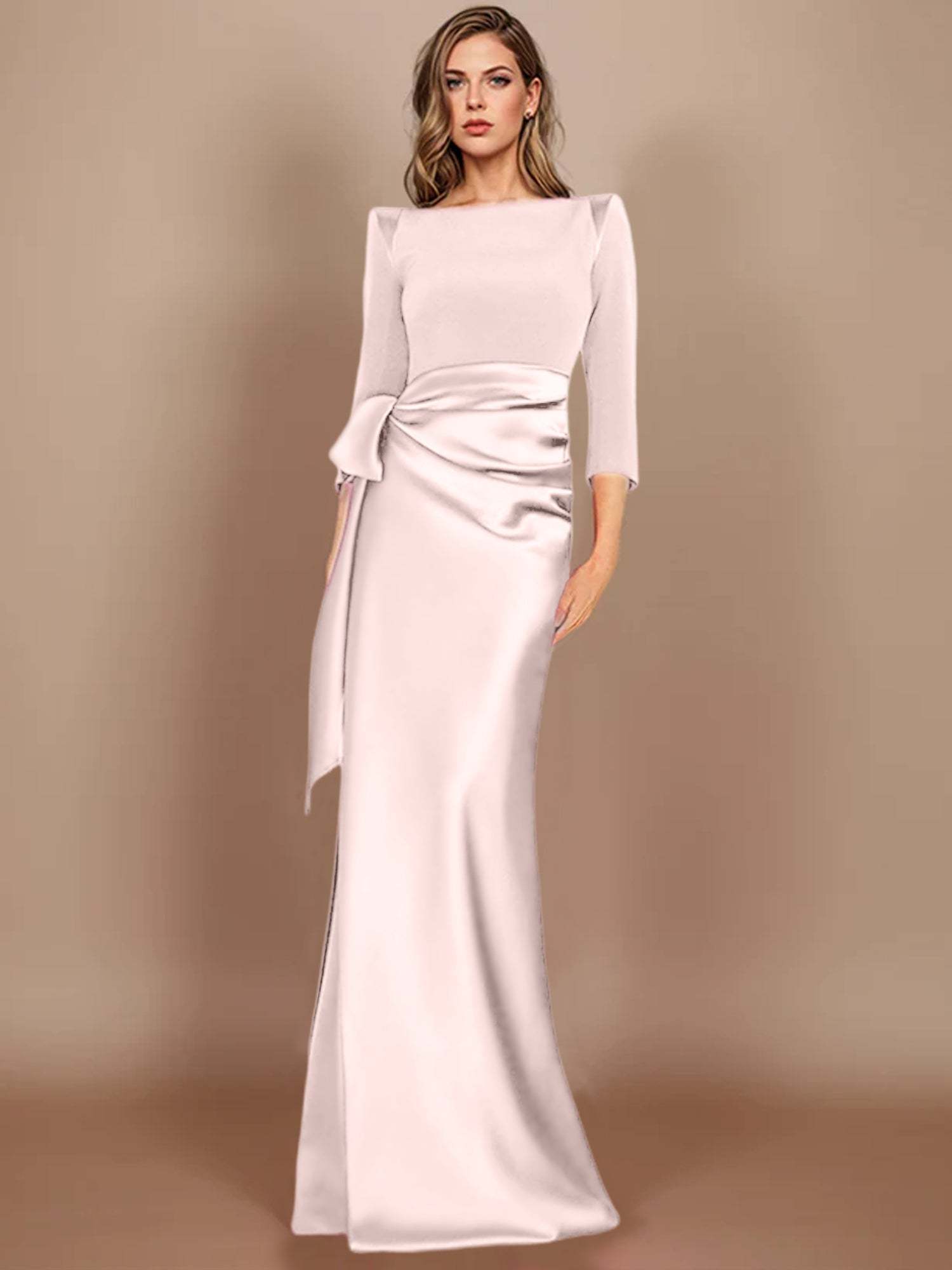 Floor-Length Mother of the Bride Dress with Bow and 3/4 Sleeves in Sheath/Column Style-27prom