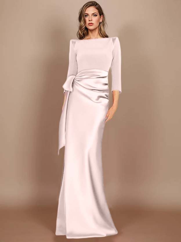 Floor-Length Mother of the Bride Dress with Bow and 3/4 Sleeves in Sheath/Column Style-27prom