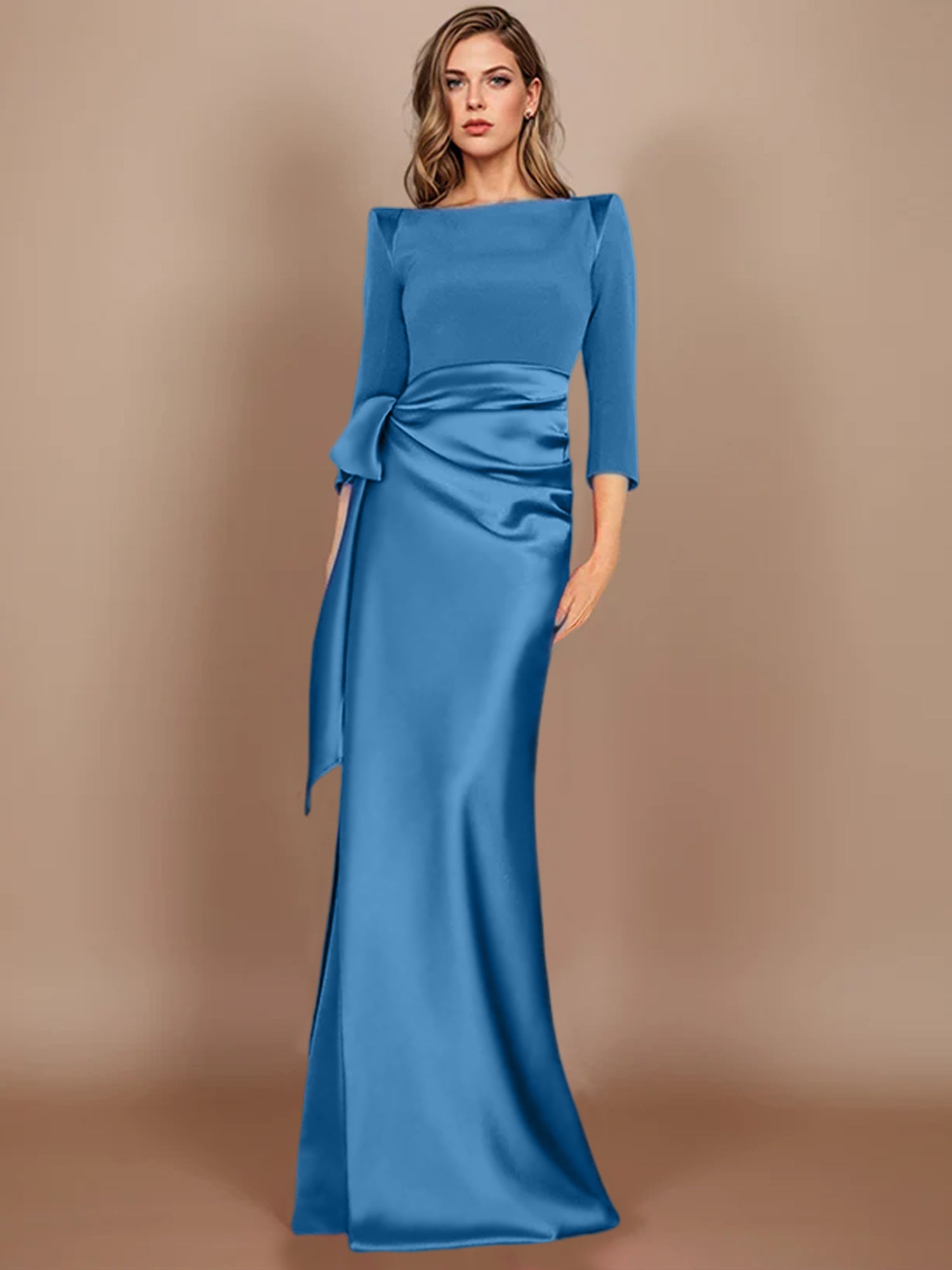 Floor-Length Mother of the Bride Dress with Bow and 3/4 Sleeves in Sheath/Column Style-27prom