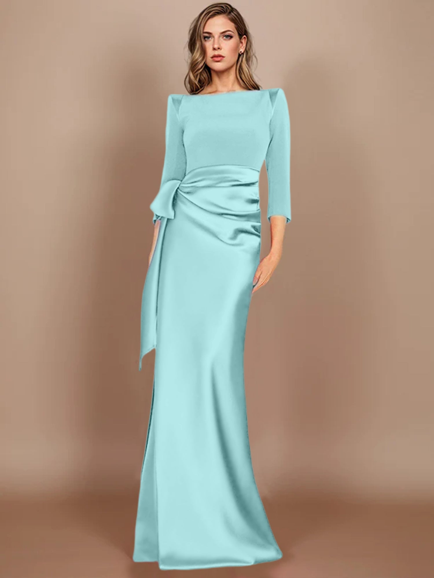 Floor-Length Mother of the Bride Dress with Bow and 3/4 Sleeves in Sheath/Column Style-27prom