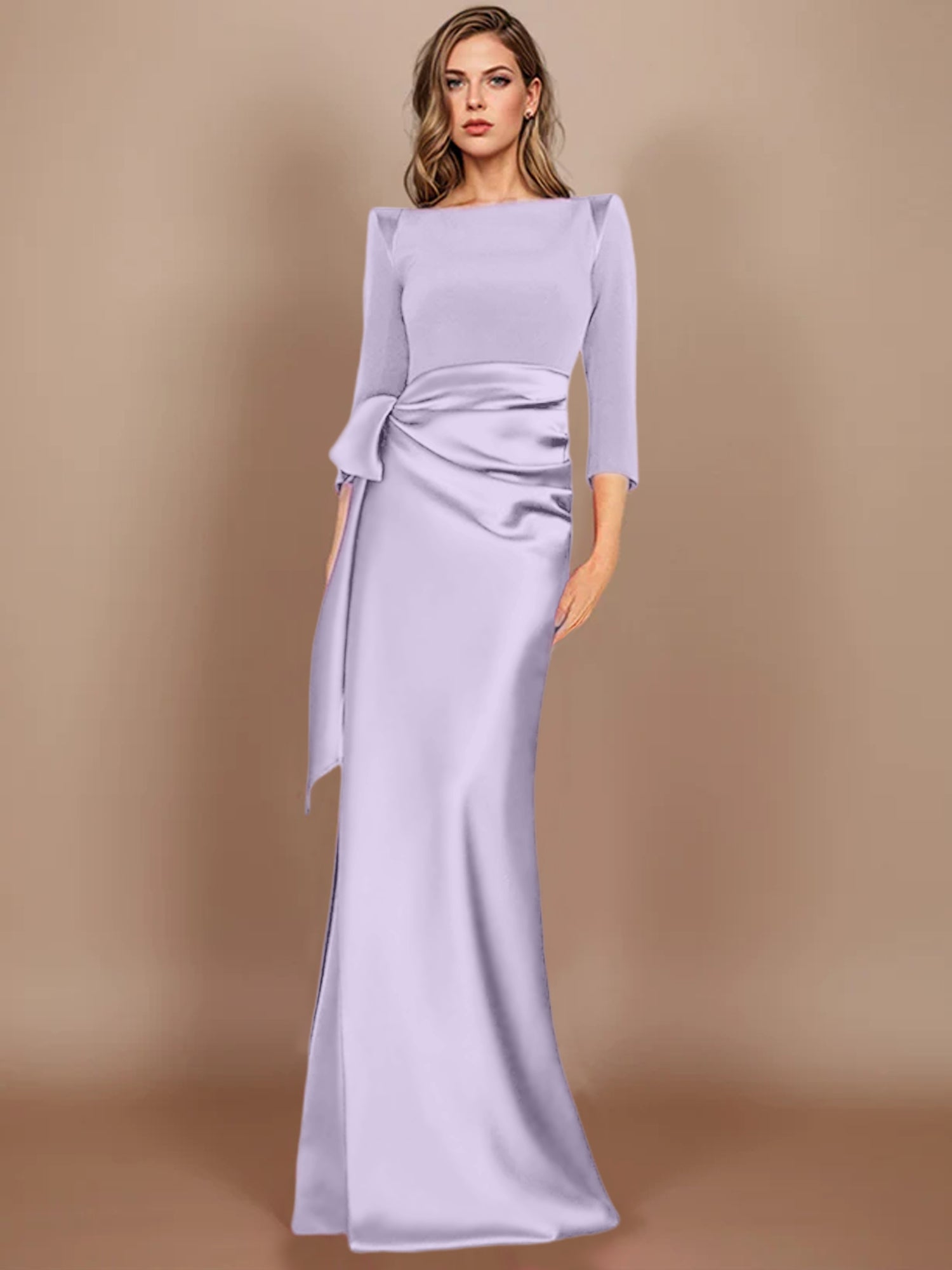 Floor-Length Mother of the Bride Dress with Bow and 3/4 Sleeves in Sheath/Column Style-27prom