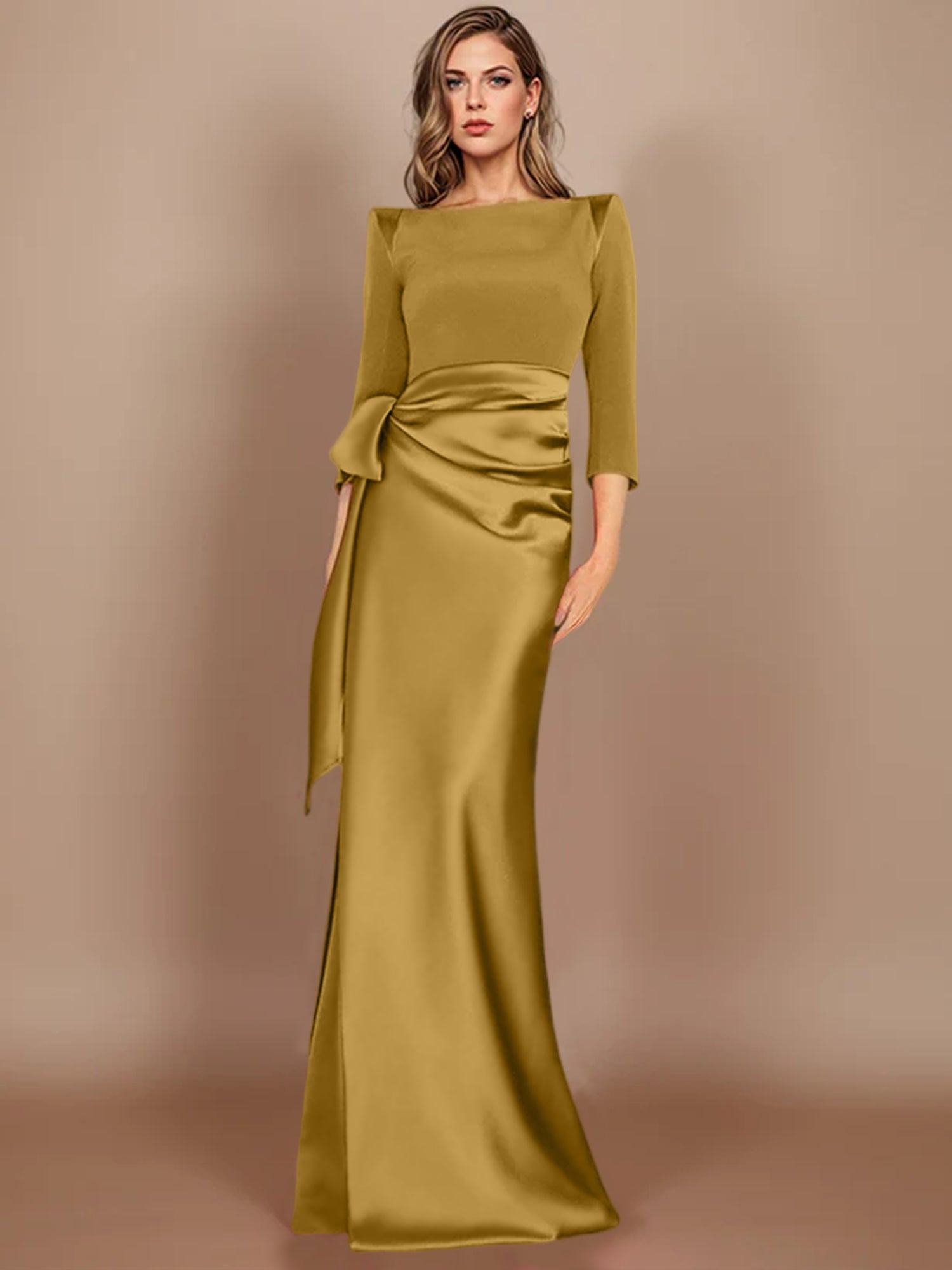 Floor-Length Mother of the Bride Dress with Bow and 3/4 Sleeves in Sheath/Column Style-27prom