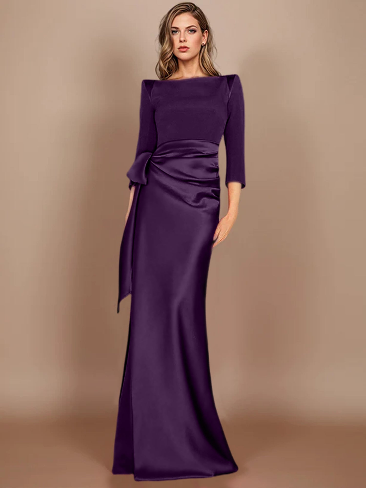 Floor-Length Mother of the Bride Dress with Bow and 3/4 Sleeves in Sheath/Column Style-27prom