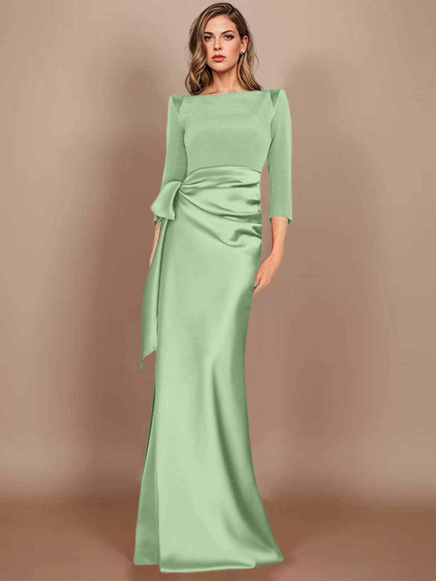 Floor-Length Mother of the Bride Dress with Bow and 3/4 Sleeves in Sheath/Column Style-27prom