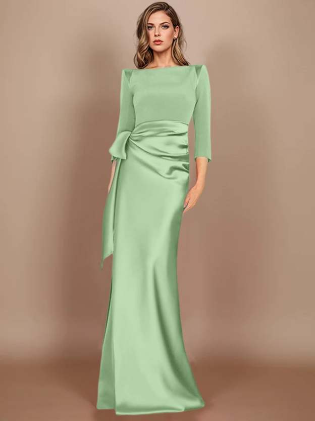 Floor-Length Mother of the Bride Dress with Bow and 3/4 Sleeves in Sheath/Column Style-27prom