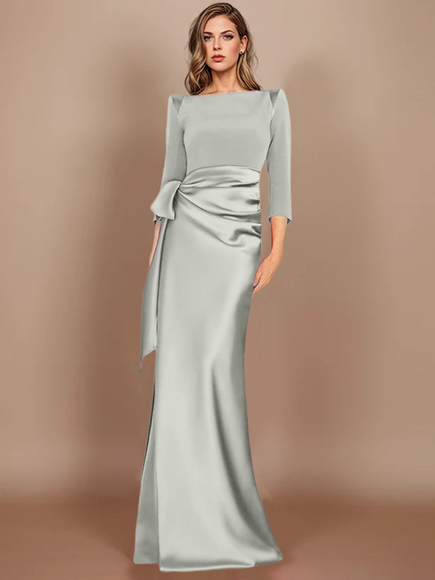 Floor-Length Mother of the Bride Dress with Bow and 3/4 Sleeves in Sheath/Column Style-27prom