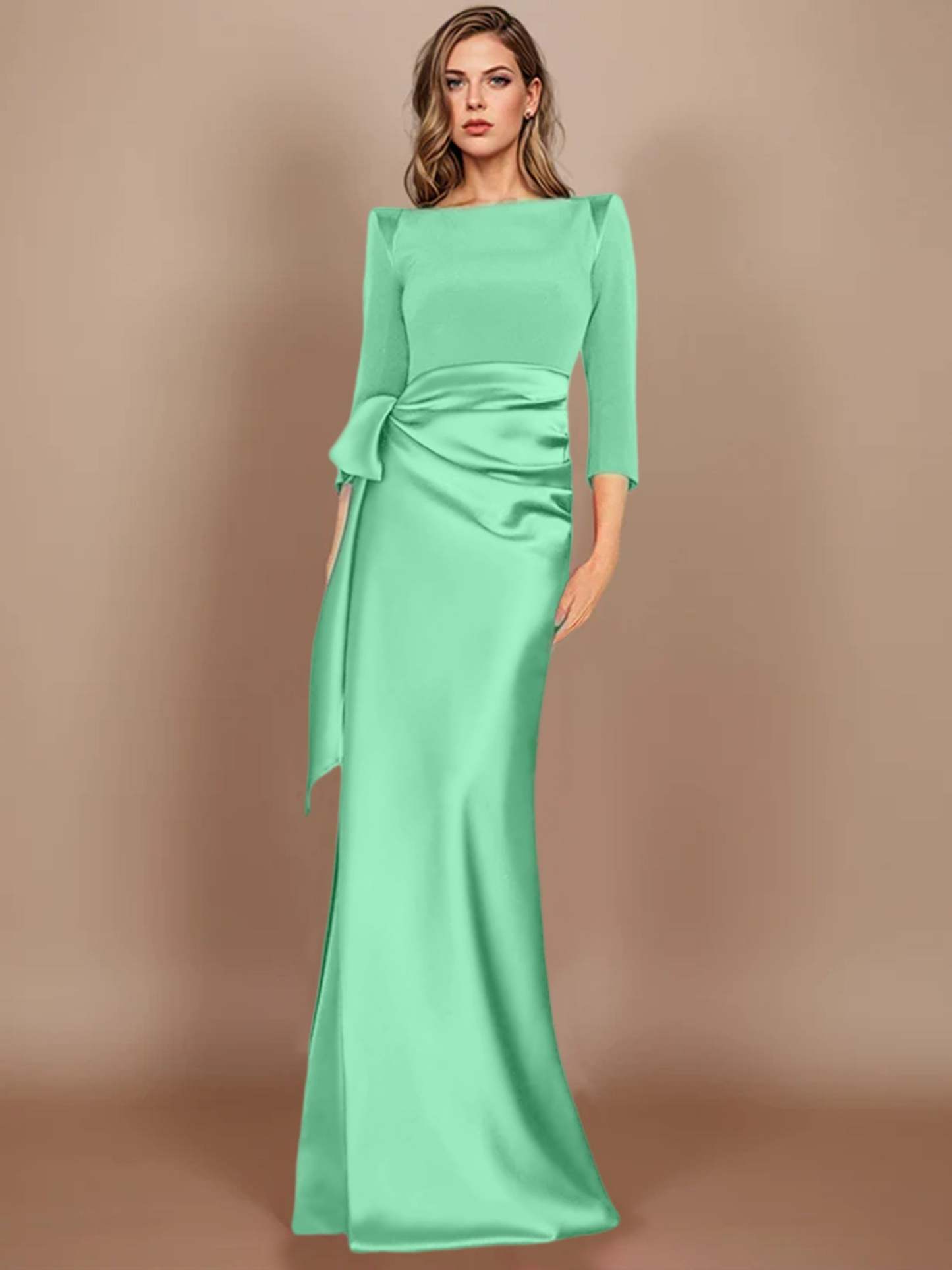 Floor-Length Mother of the Bride Dress with Bow and 3/4 Sleeves in Sheath/Column Style-27prom