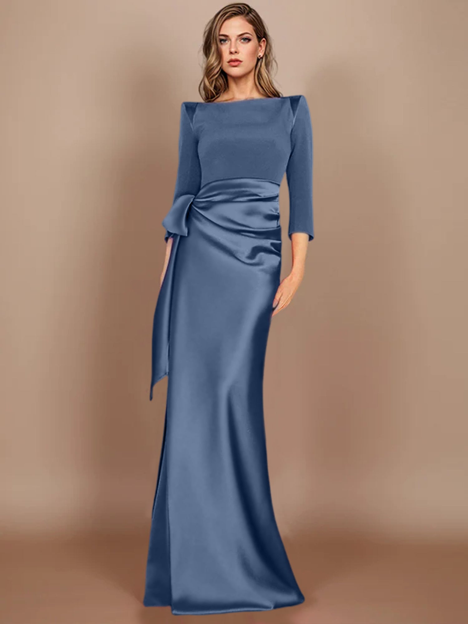Floor-Length Mother of the Bride Dress with Bow and 3/4 Sleeves in Sheath/Column Style-27prom