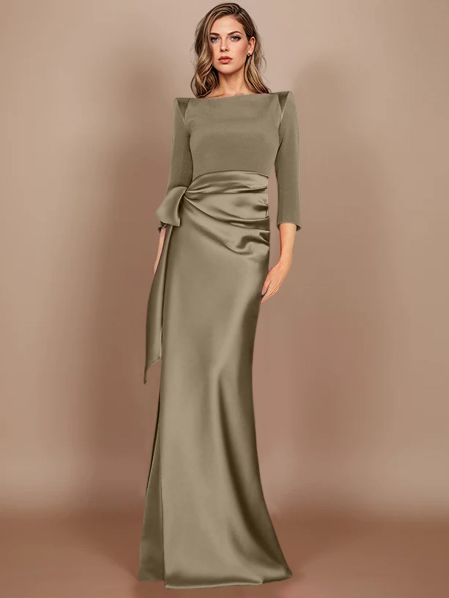 Floor-Length Mother of the Bride Dress with Bow and 3/4 Sleeves in Sheath/Column Style-27prom