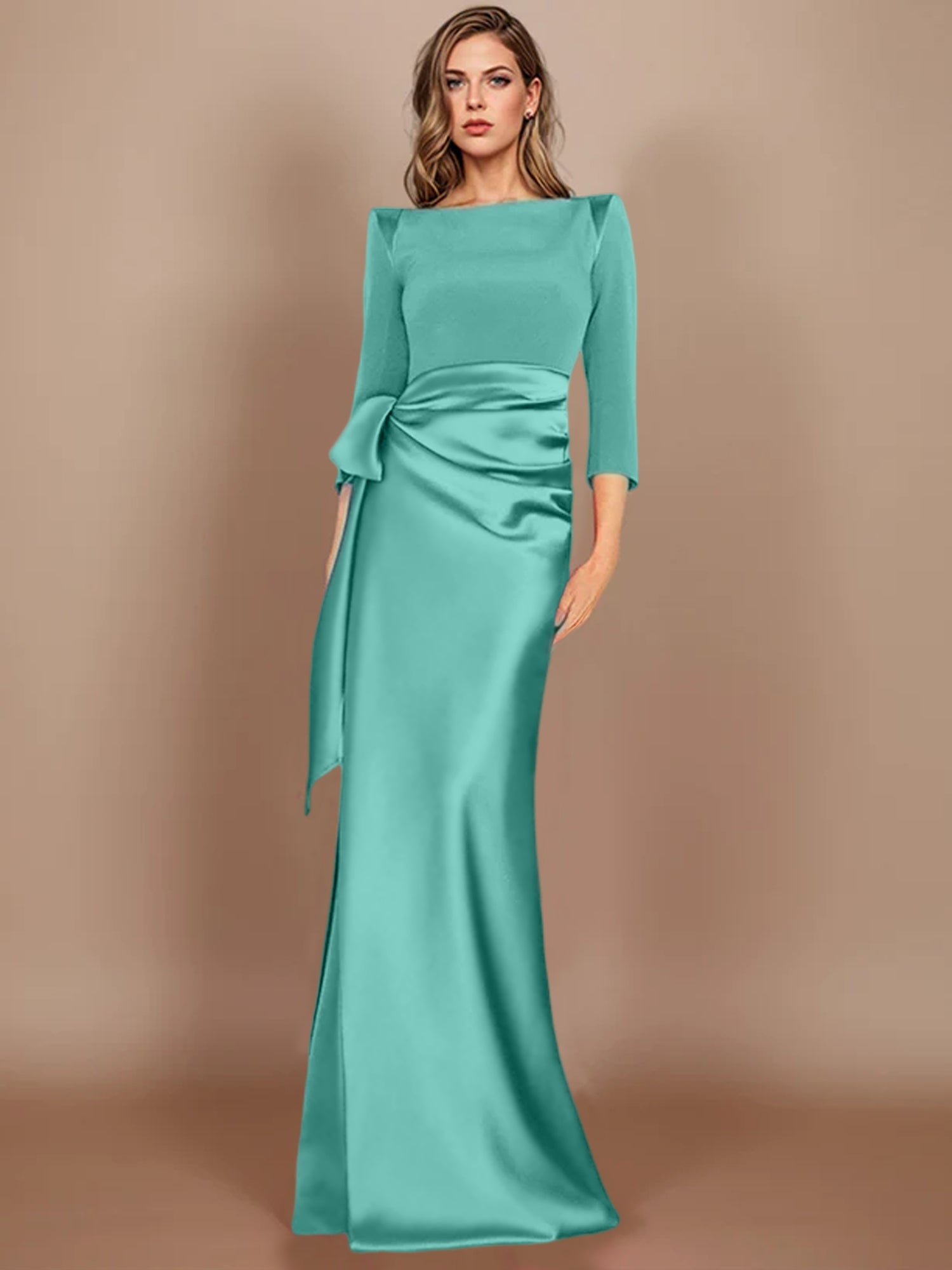 Floor-Length Mother of the Bride Dress with Bow and 3/4 Sleeves in Sheath/Column Style-27prom