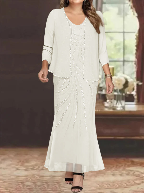 Plus Size V-Neck Ankle-Length Sheath/Column Mother of the Bride Dresses with Sequins & Jacket-27prom