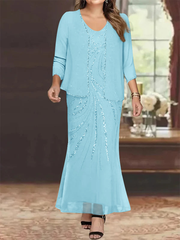 Plus Size V-Neck Ankle-Length Sheath/Column Mother of the Bride Dresses with Sequins & Jacket-27prom