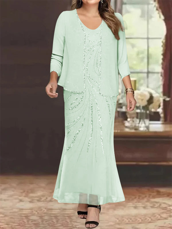 Plus Size V-Neck Ankle-Length Sheath/Column Mother of the Bride Dresses with Sequins & Jacket-27prom