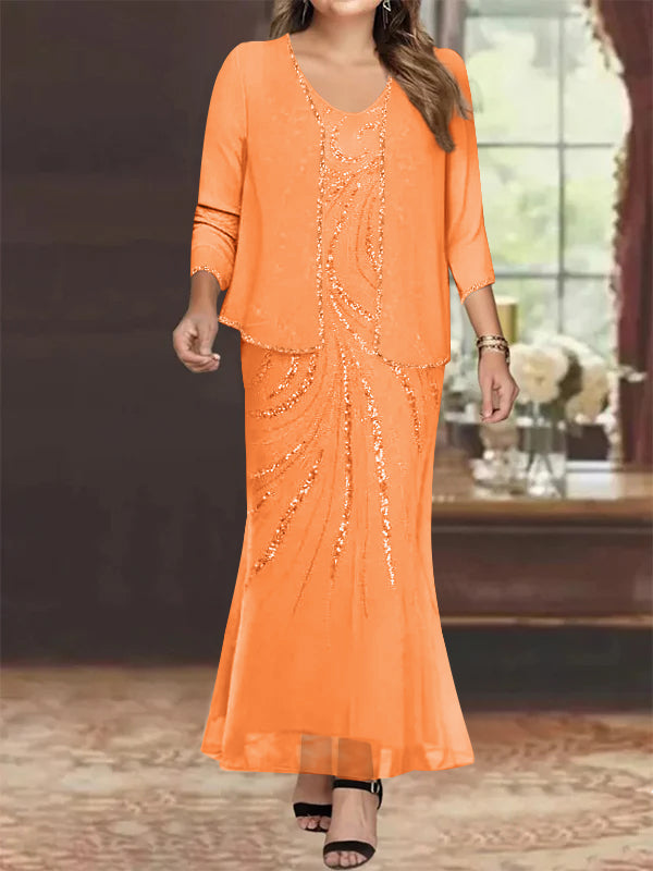 Plus Size V-Neck Ankle-Length Sheath/Column Mother of the Bride Dresses with Sequins & Jacket-27prom