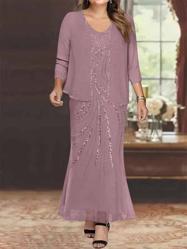 Plus Size V-Neck Ankle-Length Sheath/Column Mother of the Bride Dresses with Sequins & Jacket-27prom