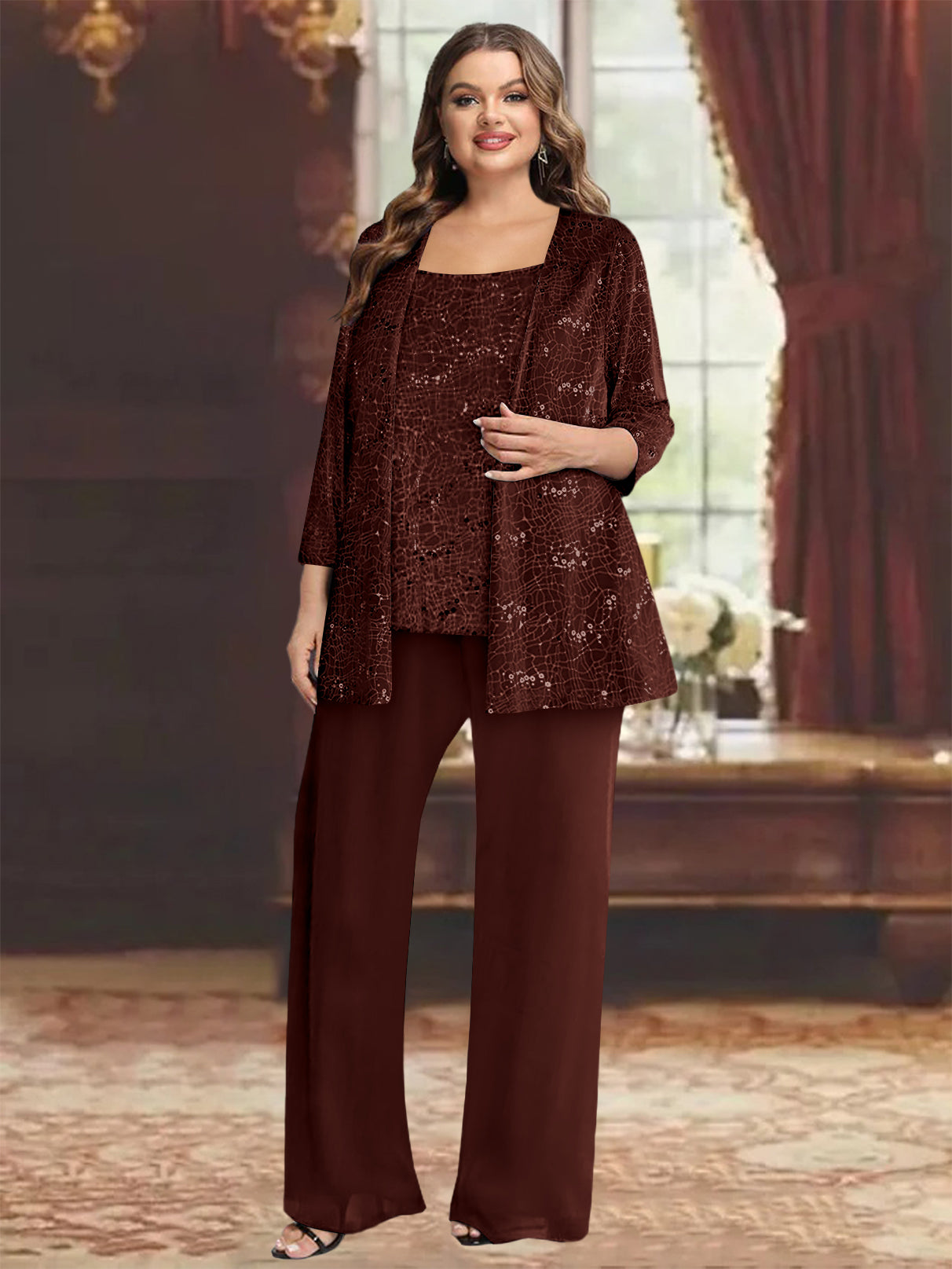 Plus Size Chiffon Mother of the Bride Pantsuit with Sequined Jacket-27prom