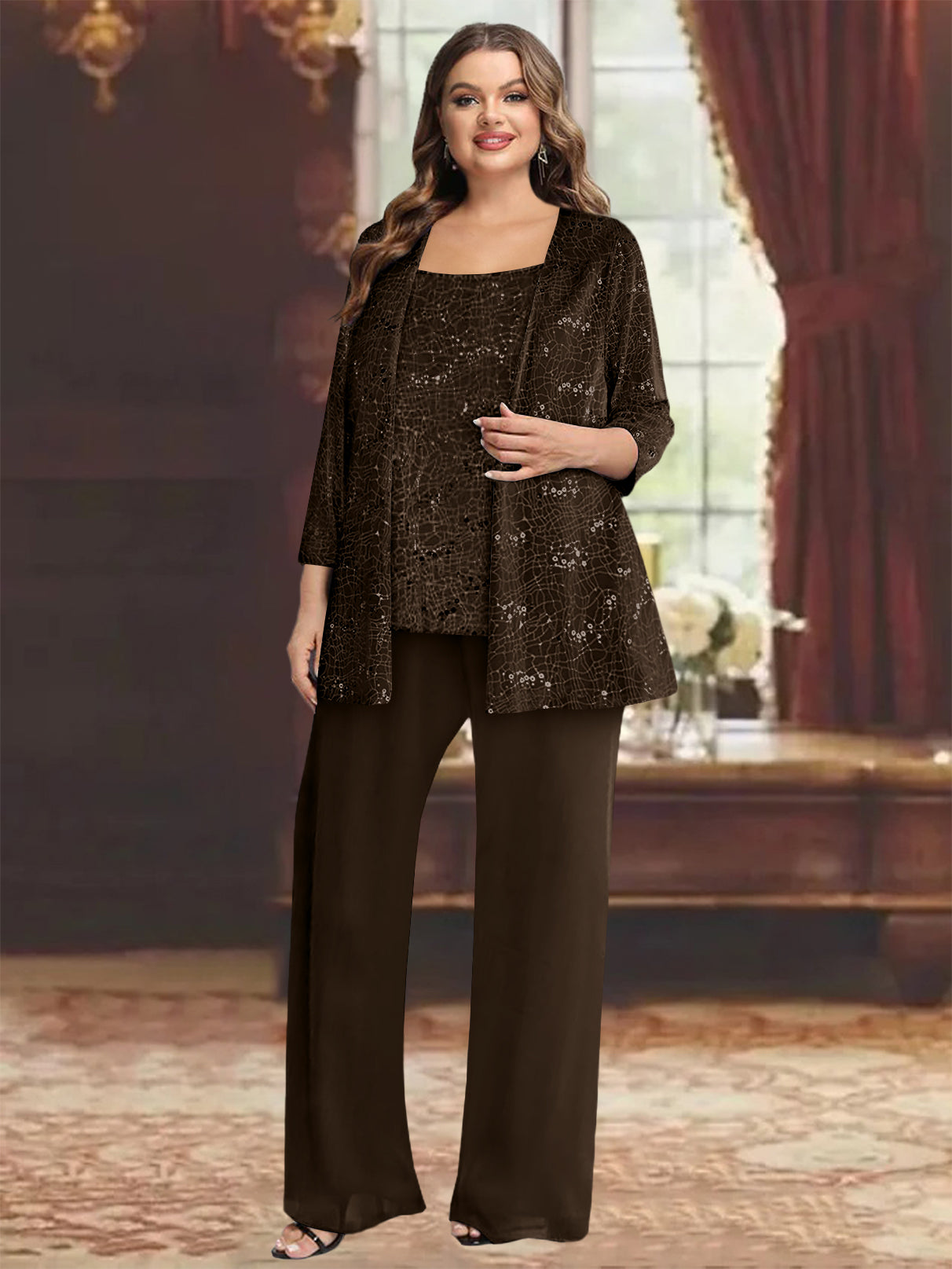 Plus Size Chiffon Mother of the Bride Pantsuit with Sequined Jacket-27prom