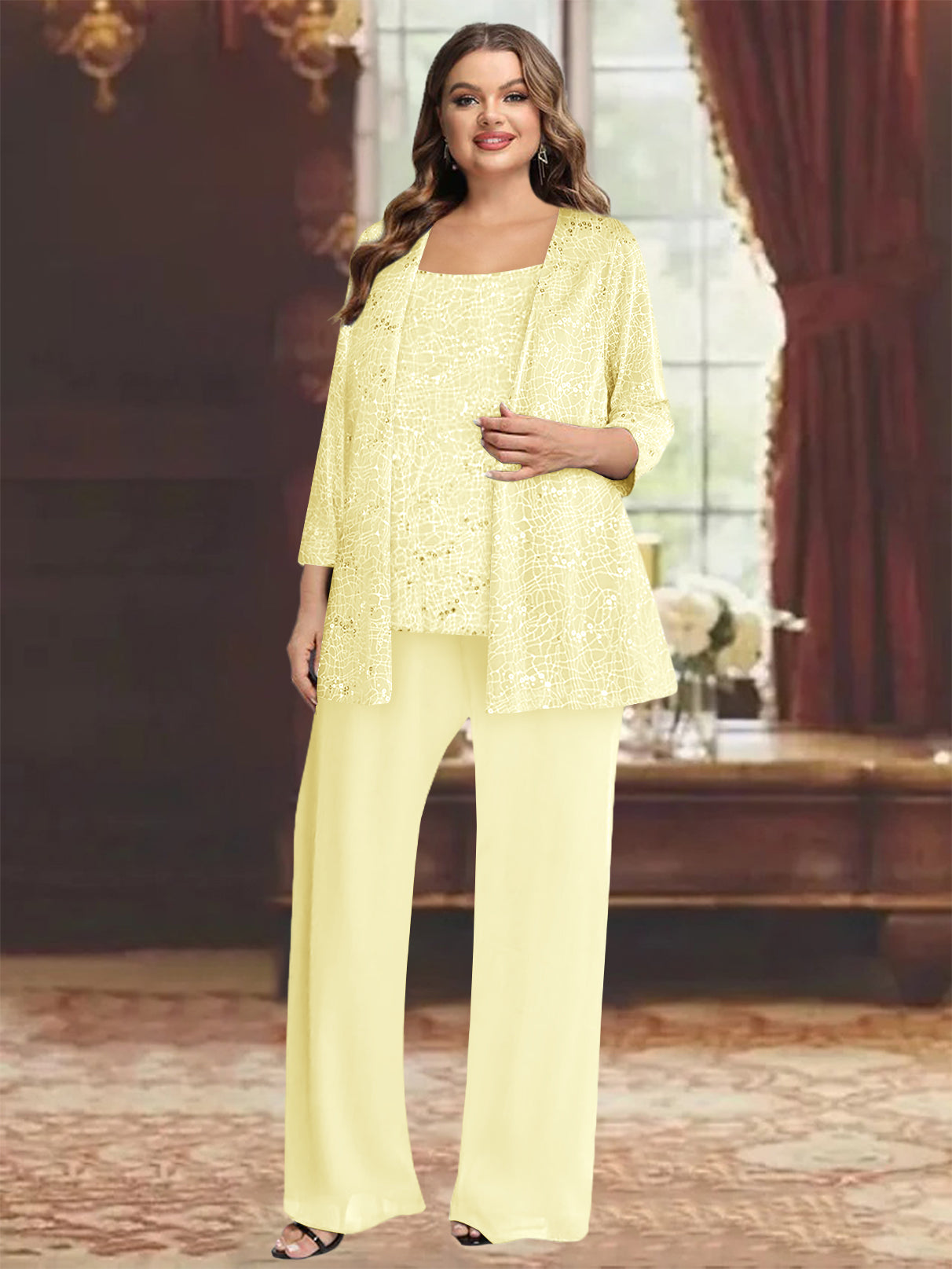 Plus Size Chiffon Mother of the Bride Pantsuit with Sequined Jacket-27prom