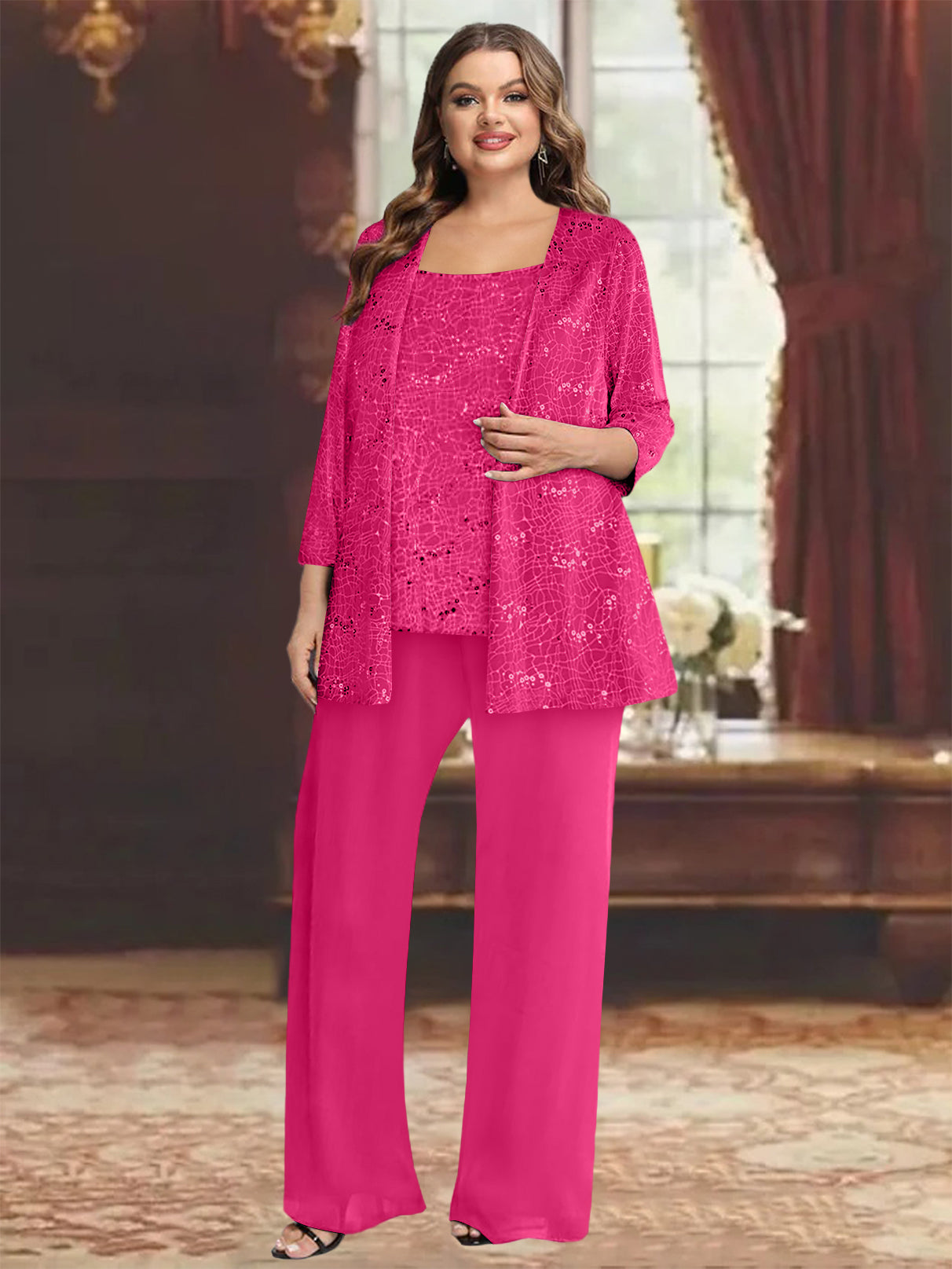 Plus Size Chiffon Mother of the Bride Pantsuit with Sequined Jacket-27prom