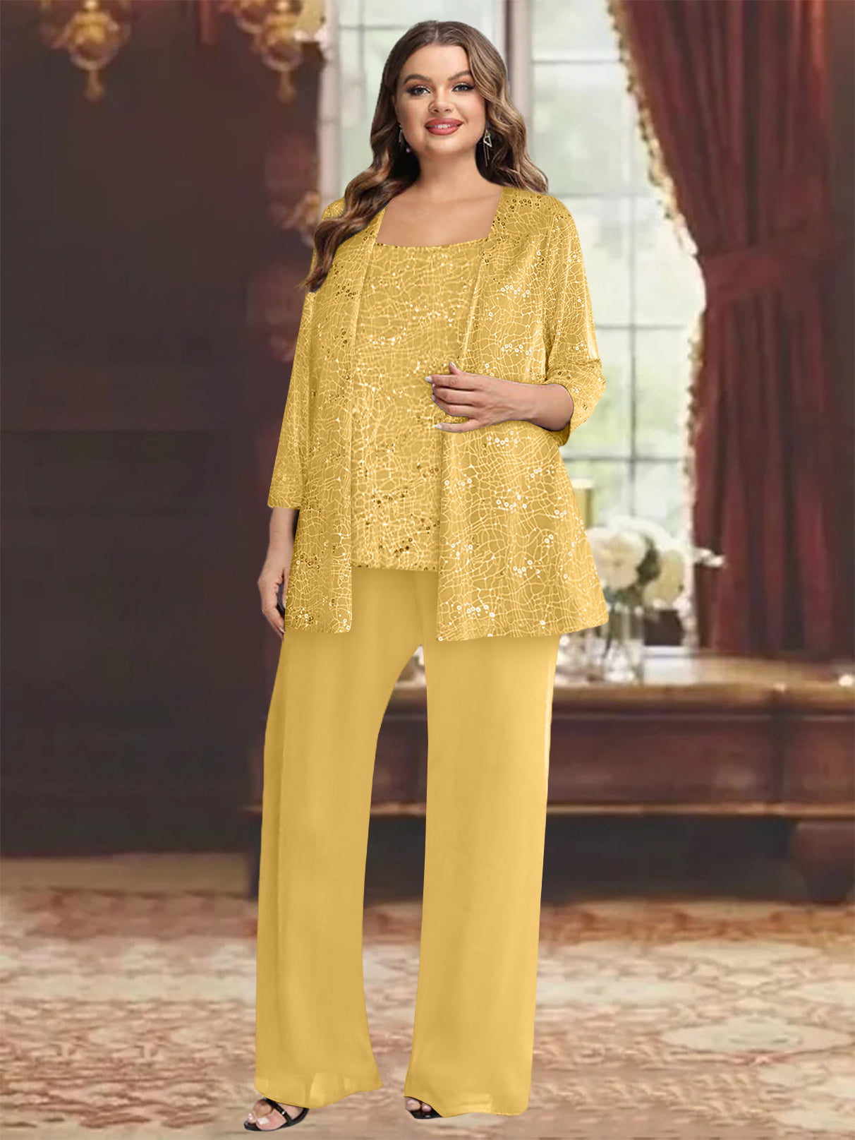 Plus Size Chiffon Mother of the Bride Pantsuit with Sequined Jacket-27prom